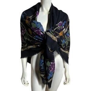 Vintage Woodward Wool Floral Chain Scarf Black & Gold, Made in Italy